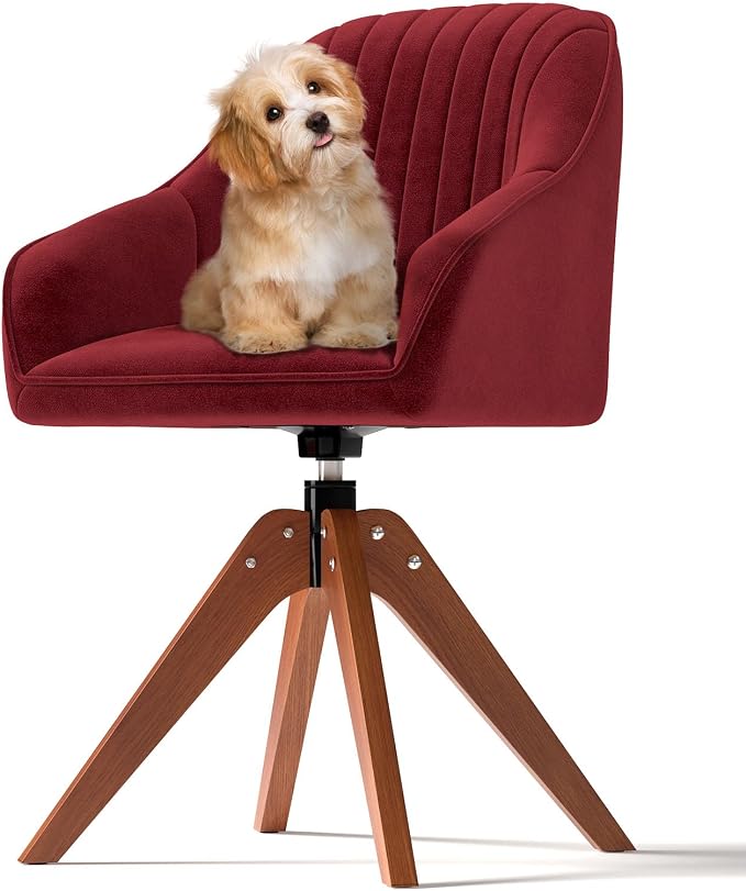 OS MOTOR Modern Swivel Accent Chair with Arms, Upholstered Desk Chair No Wheels, Mid-Century Fabric Armchair with Oak Wood Legs for Home Office, Bedroom, Vanity, Red