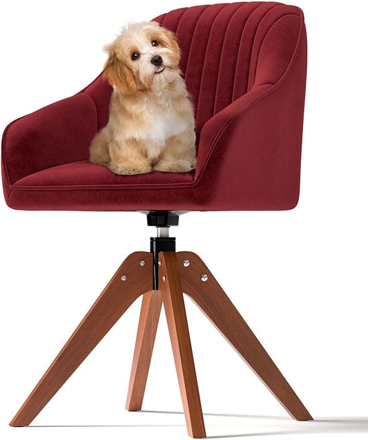 OS MOTOR Modern Swivel Accent Chair with Arms, Upholstered Desk Chair No Wheels, Mid-Century Fabric Armchair with Oak Wood Legs for Home Office, Bedroom, Vanity, Red