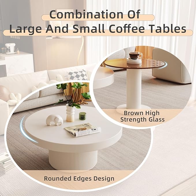 Guyii Round Nested Coffee Table Set, Creamy White Coffee Table and Tempered Glass Side Table Set, 2 in 1 Modern Nesting Coffee Table, End Table for Living Room, Bedroom, Small Spaces