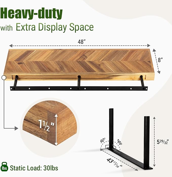 Howizz 48" Rustic Farmhouse Floating Shelves – Set of 2 Acacia Wood Shelves for Stylish Wall Decor in Kitchen, Bathroom, and Office, Unique Chevron Pattern, 48x8x1.5 Inches - Set of 2 - DIY