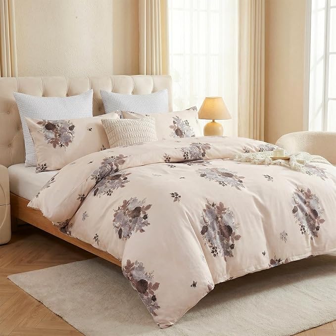 Cream Floral Duvet Cover Queen Size - 100% Cotton Comforter Cover Elegant Flower Botanical Duvet Cover Sets 3-PC, Breathable Duvet Cover with Zipper Closure & Corner Ties