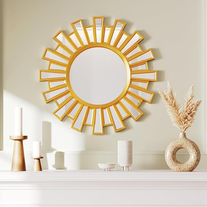Gold Sunburst Mirrors for Wall Decor,24" Large Sun Mirror,Starburst Mirror for Living Room, Fireplace,Bedroom, Entryway