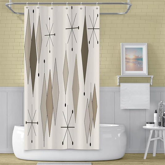 Boho Light Grey Brown Shower Curtain Abstract Mid Century Diamond Geometric Atomic Starburst Pattern Beige for 1950s Retro Bathroom Decor Shower Curtain Set with 12 Hooks, 36x72 Inches