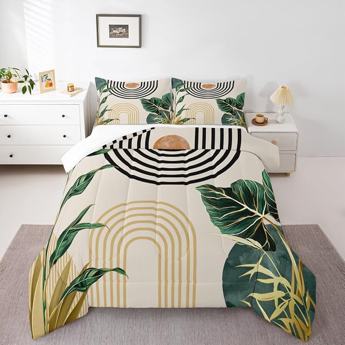 Erosebridal Mid Century Boho Bedding Set Toddler Size Abstract Art Simple Comforter Set,Minimalist Tropical Palm Leaves Bedding Comforter Sets Modern Bohemian Aesthetic Quilt,Green Gold