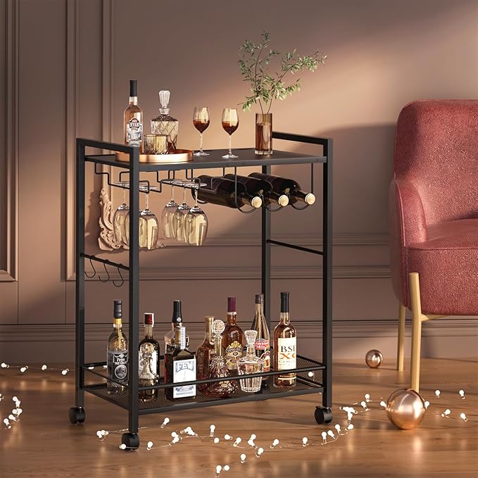 Bar Cart, Home Bar Serving Cart with 2-Tier Shelf,Rolling Beverage Cart with Wheels,Mobile Kitchen Shelf,Modern Black Wine Drink Cart with Wine Rack and Glass Holder for Kitchen,Dinning Room