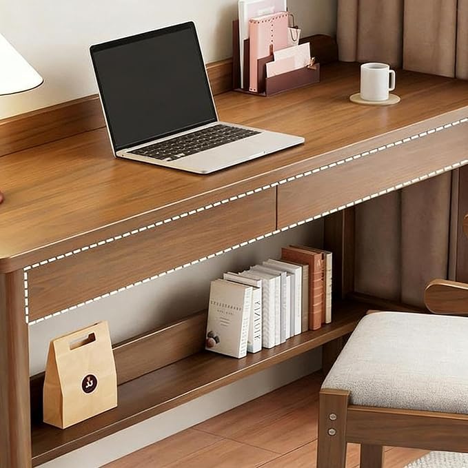 Solid Wood Desk with 2 Drawers, Vintage Narrow Computer Desk with Storage Shelf, Mid Century Modern Desk, Small Writing Desk for Bedroom(39.3" W, White)
