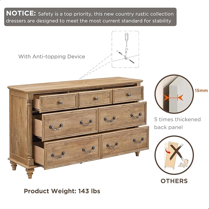 T4TREAM Farmhouse 7 Drawers Dresser Chests for Bedroom with 4 Solid Wood Feet, Tall Wide Wood Country Rustic Chest of Drawers, Storage Dressers for Bedroom, Living Room, Light Tree Knot