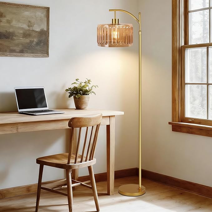 QIYIZM Floor Lamp for Living Room,Bedroom,Gold Dimmable Standing Lamp with Remote,Mid Century Modern Brass Tall Lamp Retro Vintage Glass Lamp Floor Light Boho Bohemian