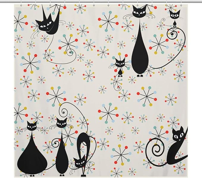 Mid Century Black Cat Shower Curtain,Atomic Cat Modern Abstract Geometric Iconic Pattern 1950s Vintage Funny Decor Fabric Bathroom Curtain with Hooks 72x72in（183x183cm）