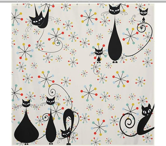 Mid Century Black Cat Shower Curtain,Atomic Cat Modern Abstract Geometric Iconic Pattern 1950s Vintage Funny Decor Fabric Bathroom Curtain with Hooks 72x72in（183x183cm）