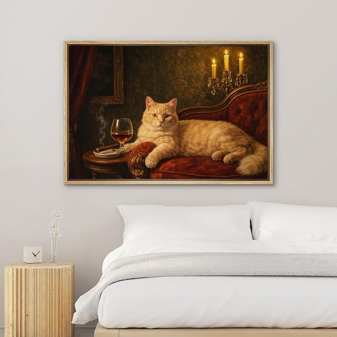 SIGNWIN Framed Canvas Print Wall Art Elegant Cat with Wine and Candlelight Vintage Classic Interior Rustic Landscape Relax/Calm for Living Room, Bedroom, Office - 16"x24" Natural