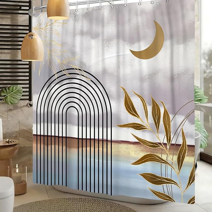 Mid Century Boho Shower Curtain Abstract Modern Minimalist Geometric Arch Bathroom Curtain Gold Leaves Aesthetic Waterproof Bath Decor Polyester Fabric with Hooks 72x84 inch