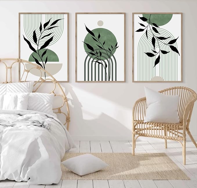 Mid Century Modern Wall Art Set of 3 Sage Green Canvas Wall Art Boho Prints Green Wall Decor Black Beige Abstract Picture Mid Century Painting for Living Room Bedroom 12x16 Inch UNFRAMED