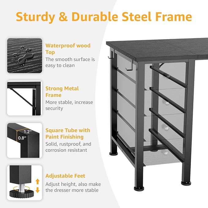 DLisiting Black Gaming Desk with Fabric Drawers on Both Sides, 55 Inch Home Office Computer Study Writing Work PC Desk with 8 Storage Drawers Storage for Bedroom