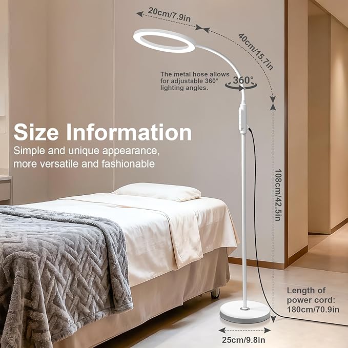 Supe Bright 24W Dimmable LED Floor Lamp with Remote Touch Control Adjustable Gooseneck Standing Light for Reading Makeup Tattoo Lash Extensions White Modern Smart Tall Lamp Living Room Bedroom Office