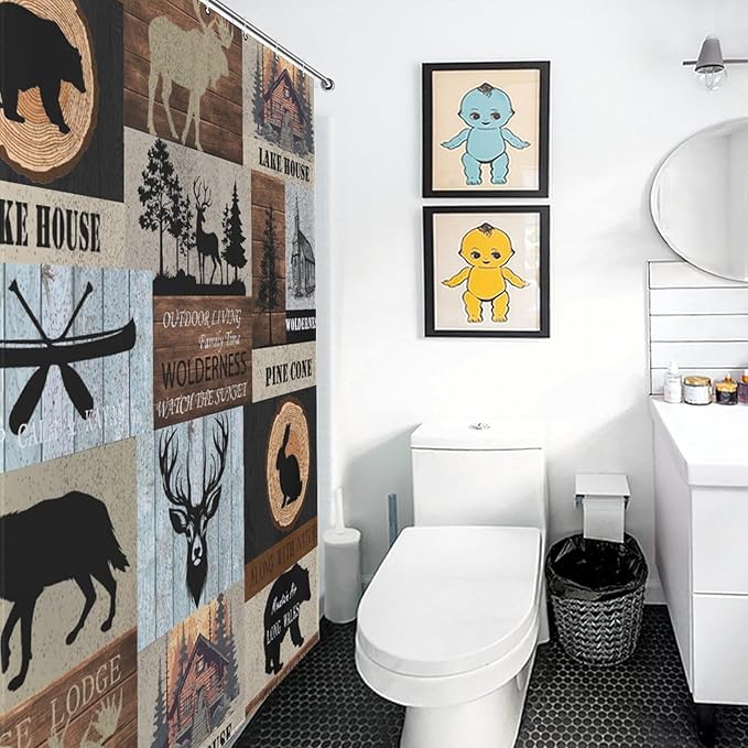 Rustic Cabin Shower Curtain Bear Deer Forest Wildlife Country Lodge Hunting Camping Animal Farmhouse Vintage Waterproof Shower Curtains for Bathroom Decor 12 Pack Hooks 66x72in（168x183cm）