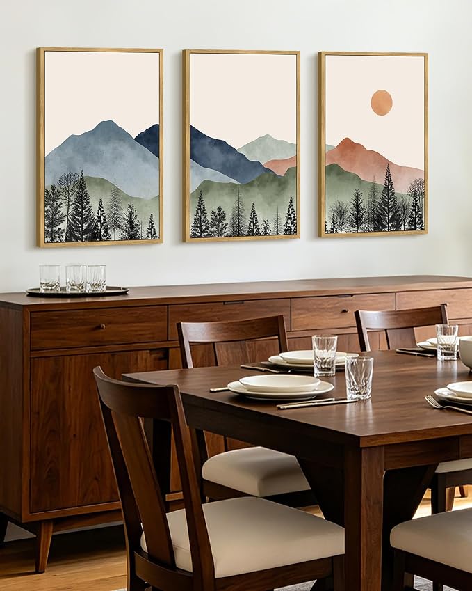 KUVIOKE Mountain Landscape Framed Wall Art Watercolor Nature Painting Boho Sun Rise Prints Farmhouse Rustic Room Decor Ready to Hang 16x24in (Natural Framed)