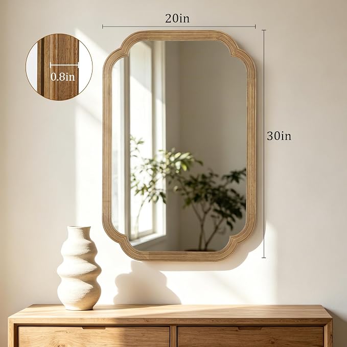HOMECOOKIN Wood Bathroom Mirror for Wall Decor Arched Rounded Corner Rustic Wood Frame Wall Mirror Home Decorative for Vanity, Living Room, Bedroom, Entryway (20 x 30 inch, Honey A)