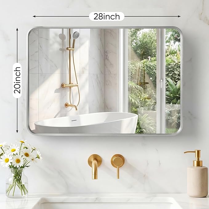 NEWBULIG 20X28 Inch Bathroom Mirror for Over Sink, Wall Vanity Mirrors Tempered Glass, Anti-Rust Metal Framed Rounded Rectangle, Hangs Horizontally or Vertically, Farmhouse Home Decor, Silvery