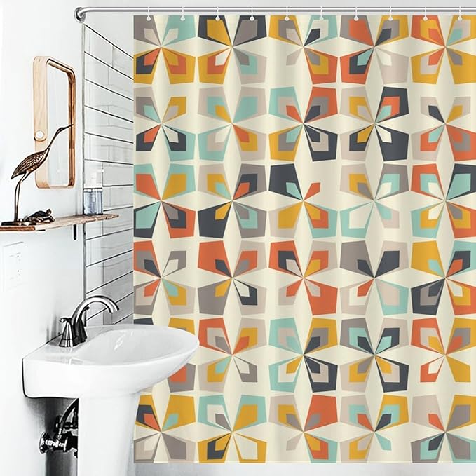 Mid Century Shower Curtain Geometric Retro Rustic Style Pattern Duty Fabric Shower Curtains Set Bathroom Polyester Waterproof with 12 Hooks, 66x72Inch（168x183cm）