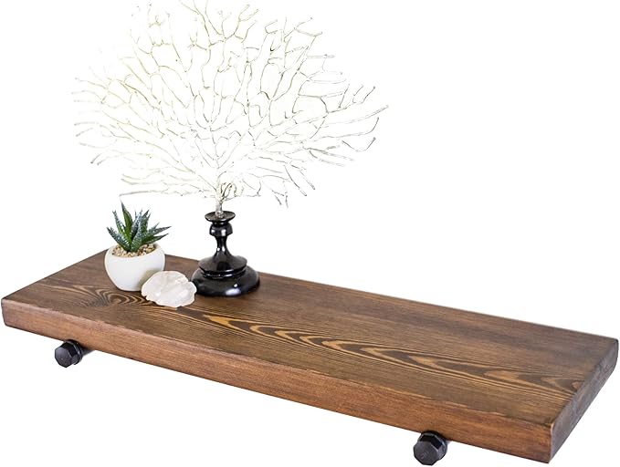 Floating Wall Shelf with Industrial Pipe Brackets, Solid Wood, Rustic Farmhouse Shelf, 24" x 7.5" x 1.5" (2, Dark Walnut)