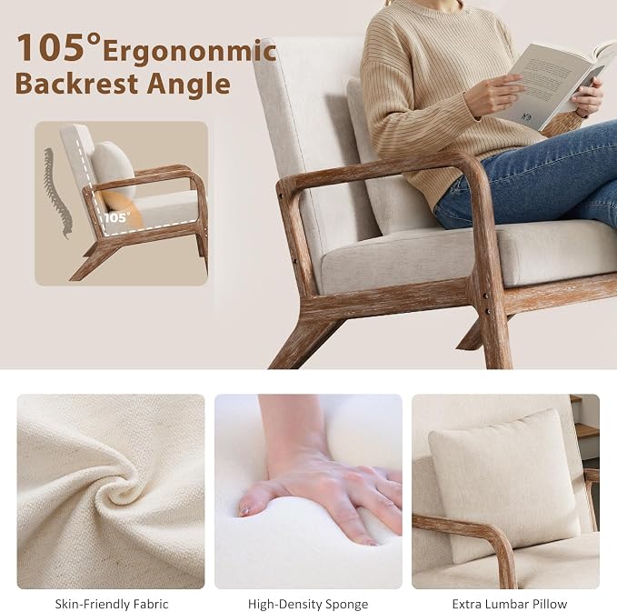 Mid Century Accent Chair with Solid Wood Frame Set of 2, Upholstered Lumbar Pillow Lounge Chair Beige Linen Fabric Cozy Leisure Chair Relaxing Retro Living Room Chair for Bedroom Waiting Room