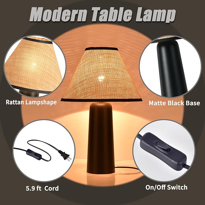 Matte Black Rattan Table Lamp for Bedroom, Modern Wicker Lamps for Bedside Nightstand, Small Table Rattan Shape Lamps for Small Spaces for Kitchen Counter, Home Office, Living Room, Kids Dorm