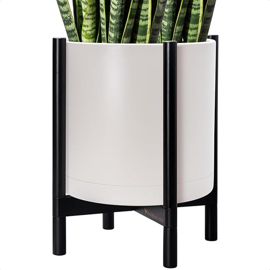 D'vine Dev Planter Pot with Stand - 16 Inch Plastic Cylinder Flower Pot with Wood Planter Holder for Indoor, Oatmeal Pot + Ebony Stand, 55-C-Z-4