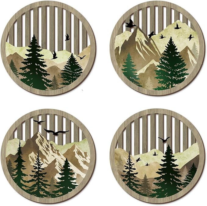 TOARTi 4Pcs Boho Mountain Wooden Wall Art Abstract Sun Moon Pine Tree Wall Decor Farmhouse Natural Mountain Landscape Artwork Minimalist Geometric Forest Hanging Sign for Living Room Bedroom Office