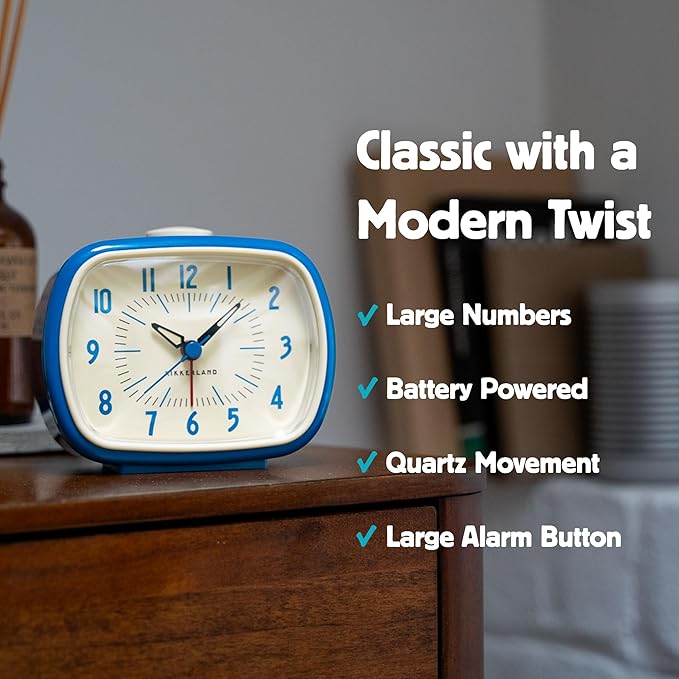 Kikkerland Retro Alarm Clock – Vintage Decor for Bedroom, Nightstand, Living Room, or Office – Battery Operated, Decorative Analog Clock, Blue