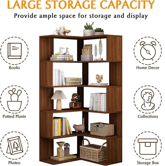 IOTXY 6-Tier L-Shaped Corner Bookshelf - 66" Tall Wooden Freestanding Bookcase with Open Shelf Units, Walnut