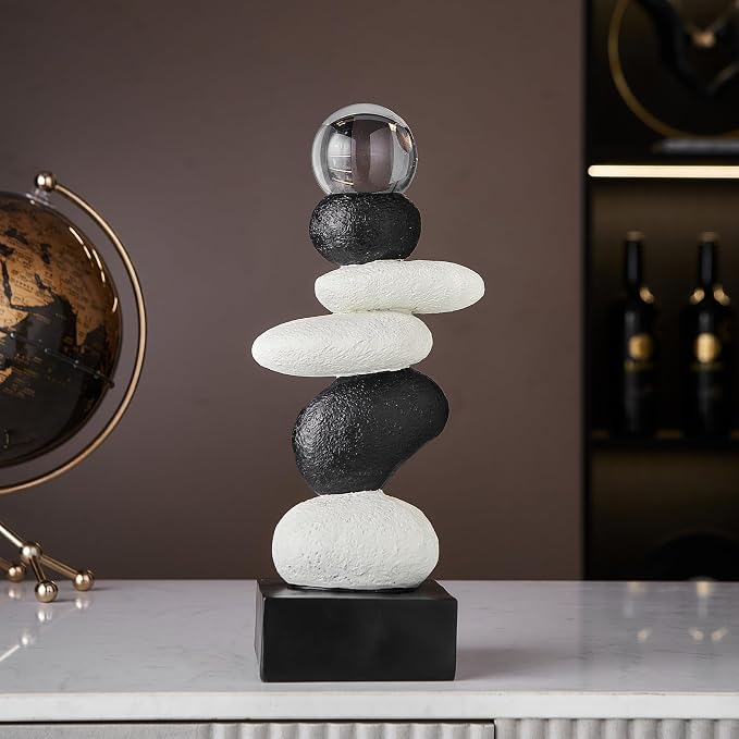 FJS Modern Fake Stone Sculpture Decor for Living Room, Black and White Stacked Statue for Coffee Table Centerpiece, Resin Sculptures for TV Stand Shelf Bookshelf Decorations, Gifts for Good Luck