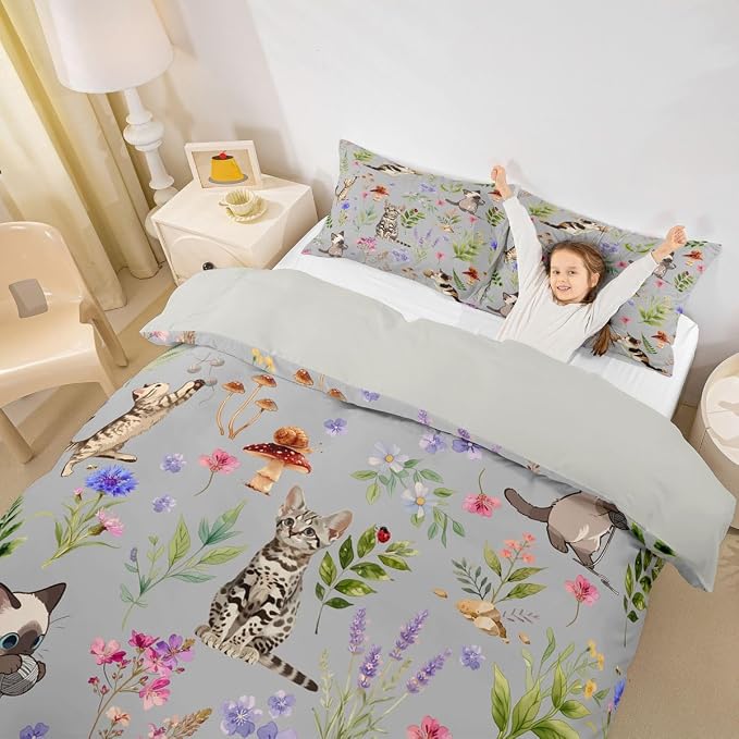 Erosebridal Cute Cat Duvet Cover King Lovely Kitten Cat Lovers Bedding Set Boho Watercolor Floral Comforter Cover for Kids Girls Boys Adults Kawaii Pet Animal Bed Set