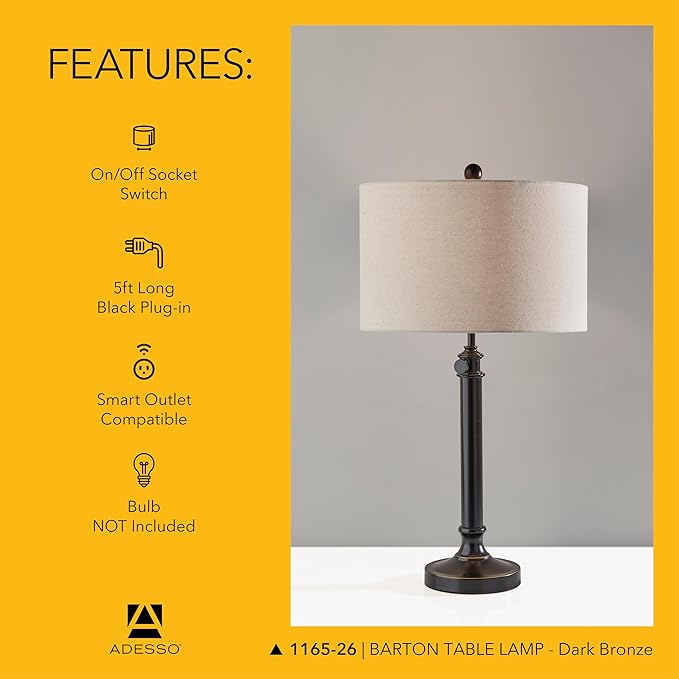 Adesso Antique Bronze Table Lamp with Oatmeal Linen Shade – Adjustable Height Accent Light for Bedroom, Living Room, or Home Office, up to 34” Tall
