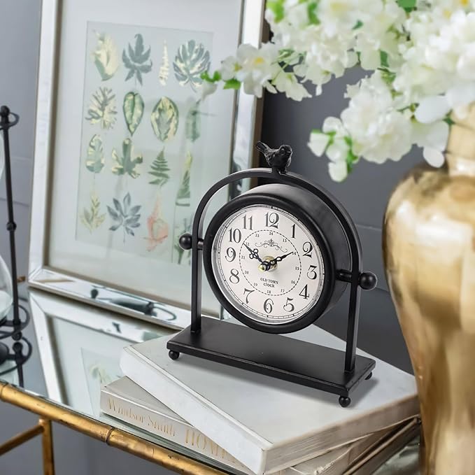 MODE HOME Vintage Farmhouse Table Clock with Bird Topper, Silent Non-Ticking Mantel Clock with Closable Back Cover, Black Iron Decorative Desk Clock for Living Room, Fireplace Mantel & Bedroom, 8 Inch