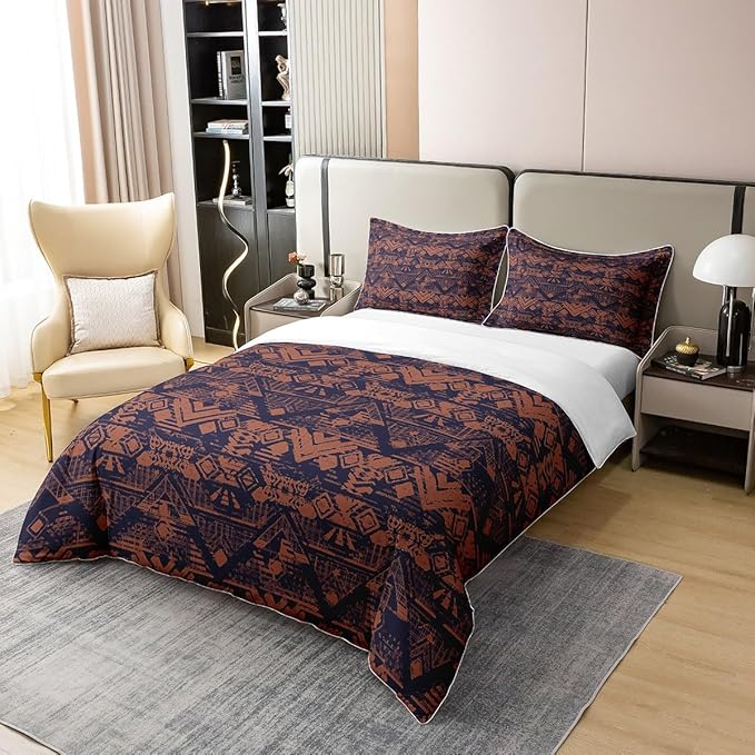 100% Natural Cotton Ikat Duvet Cover King Ethnic Bedding Set Boho Exotic Tribal Abstract Geometric Stamp Comforter Cover Brown Aztec Room Decor Bohemian Quilt Cover for Man Woman Adult