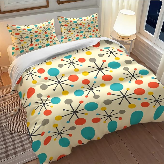Modern Geometric Bedding Set,1950s 1960s Mid Century Vintage Abstract Atomic Stars Geometric Diamond Pattern Comforter Set with Pillowcase for Bedroom Bed Decor，Twin 86"x70"
