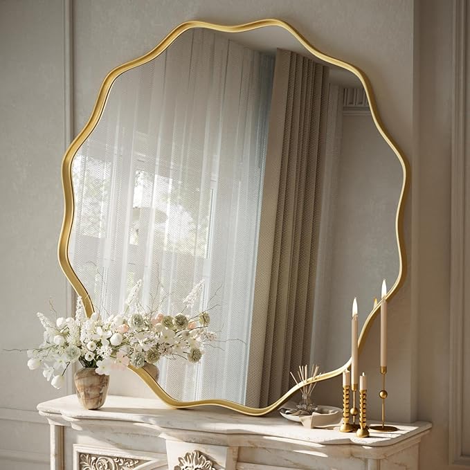 VooBang Gold Scalloped Large Circle Mirror, 42" Wavy Edge Round Wall Mirror with Tempered Glass Textured Circular Metal Deep Frame, Hanging Leaning for Bathroom, Hallway, Entryway, Livng Room