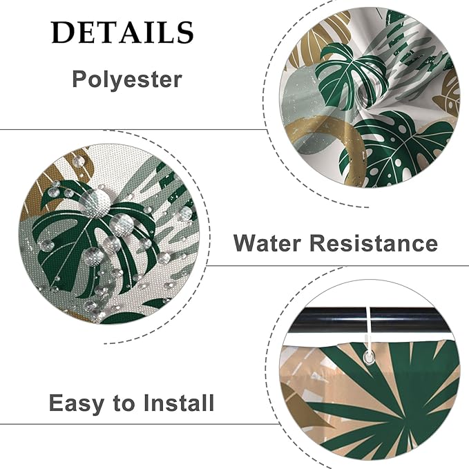 Baocicoo Bohemian Monstera Leaves Boho Floral Shower Curtain Decorative for Bathroom Cubicle Bathtub Waterproof Fabric Vacation Style with Hooks 48x72 Inches