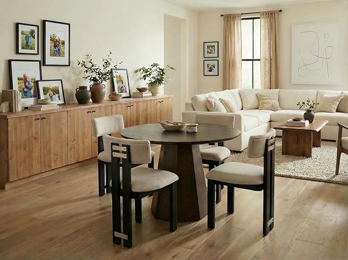 39” Round Solid Wood Dining Table for 4-5 People, Modern Pedestal Small Kitchen Table Circle Tabletop with Walnut Wood Grain Finish, Saving Space, Walnut
