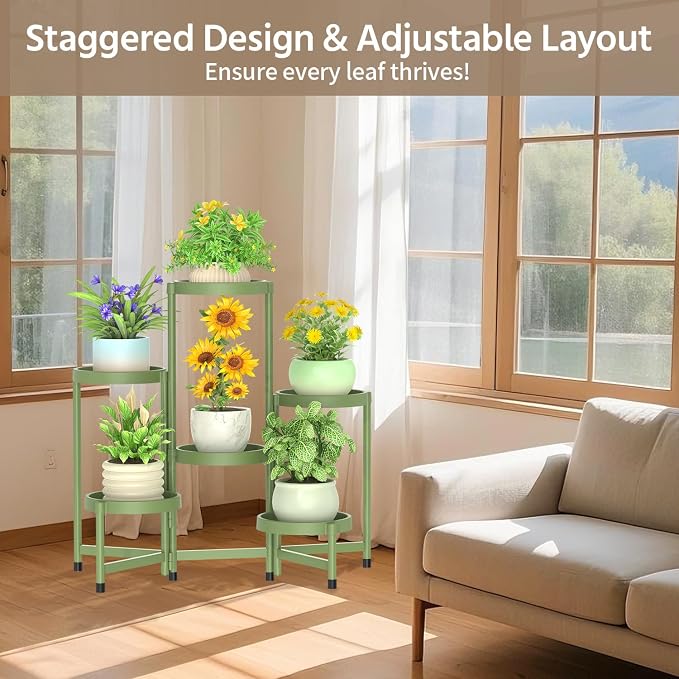 LASZOLA 6 Tiered Plant Stand Indoor Outdoor with Plastic Tray, Corner Folding Tall Flower Display Rack, Modern Plant Holder Shelf for Outdoor Patio Porch Garden Office Living Room, Green