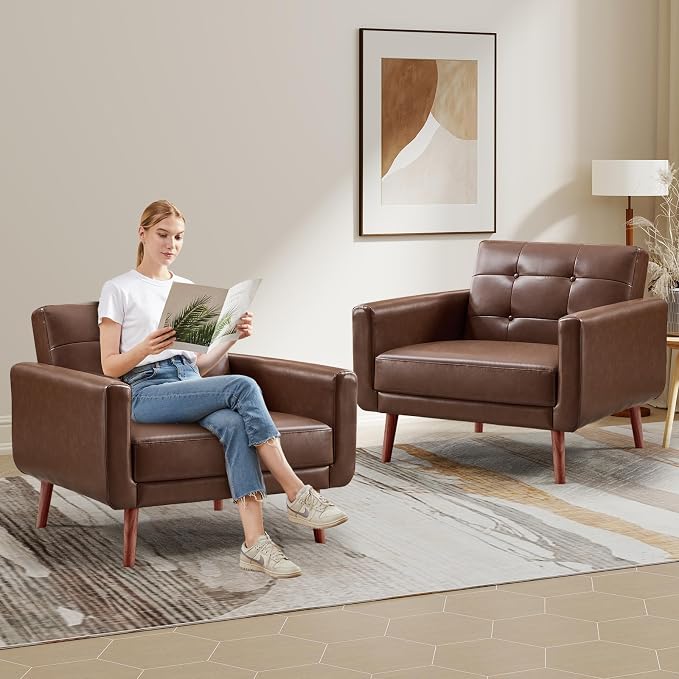 CANMOV 29" W Oversized Leather Accent Chair Set of 2, Mid Century Modern Accent Chairs, Armchair Button Back for Living Room, Modern Upholstered Bedroom Chair Cozy Armchair with Wood Legs, Brown