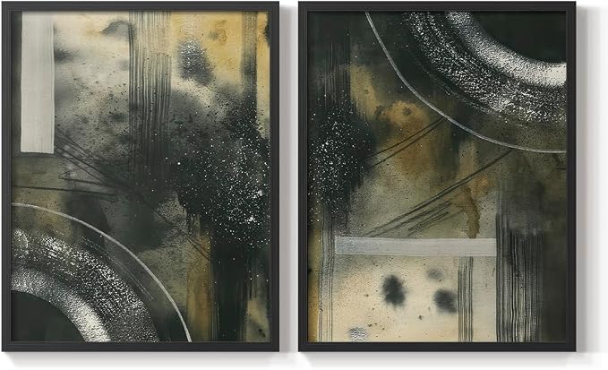 Renditions Gallery Set of 2 Peel & Stick Framed Prints, Moody Abstract Wall Art, Circular and Splattered Effects Wall Decor, Re-Stickable - Ready to Hang - 22"x28" - Black Frame LT588
