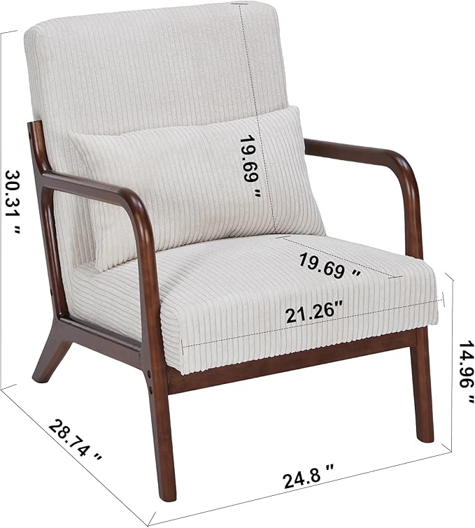 Accent Chairs Set of 2, Mid Century Modern Chair with Pillow, Arm Chair with Solid Wood, Reading Relaxing Leisure Chair for Living Room, Waiting Room, White