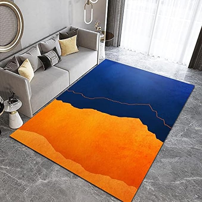 Modern Orange Blue Irregular Geometry Art Area Rug, Mid-Century Abstract Indoor Carpet, Soft Foldable Non Slip Breathable Sofa Carpets for Living Room Bedroom Entryway Hotel Office 5x8ft