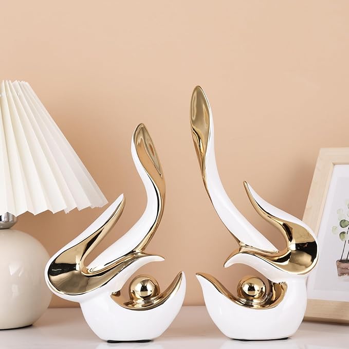 Mid Century Modern Abstract Art Home Decor Accent,Porcelain Statues for Living Room Coffee Table Centerpieces for Dining Room,Ceramic Sculptures and Gold Knick Knacks for TV Stand Decor (White Gold)