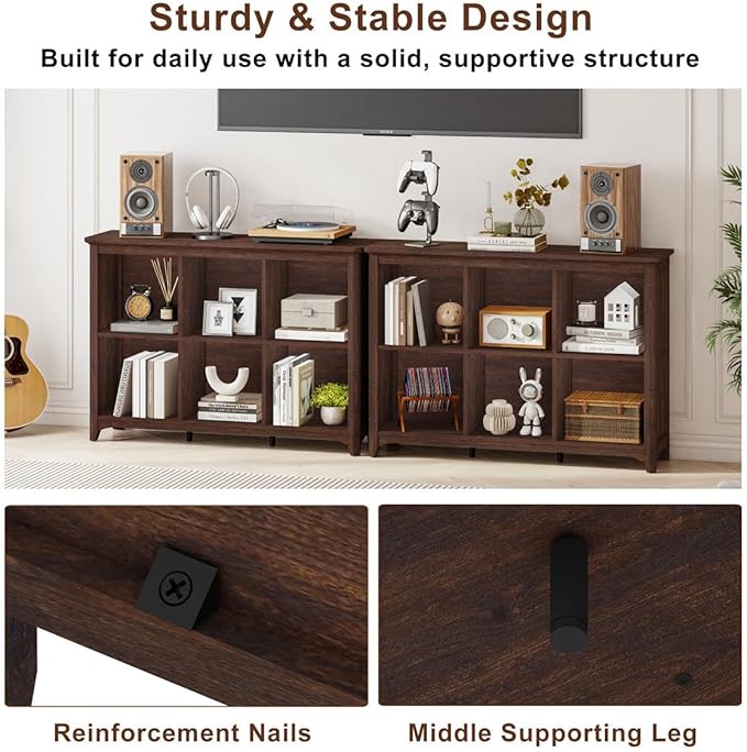 BON AUGURE 6 Cube Storage Bookcase, 43" Wide Horizontal Wooden Bookshelf, Floor Standing Low Book Shelf with Curved Edge for Living Room, Office - Brown Cherry