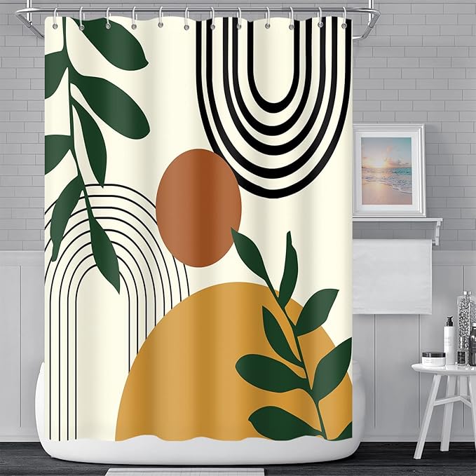 Abstract Mid Century Bohemian Bathroom Shower Curtain Orange Sun Green Eucalyptus Leaves Arch Shower Curtain with Hooks Waterproof Fabric Polyester Shower Curtain Home Decor, 72x72 Inch