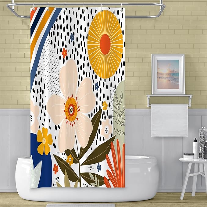 Colorful Boho Bathroom Shower Curtain Pink Floral Sun Abstract White Spots Shower Curtain Aesthetics Art Decor Washable Polyester Durable Fabric Shower Curtain with Hooks, 36x72 Inch