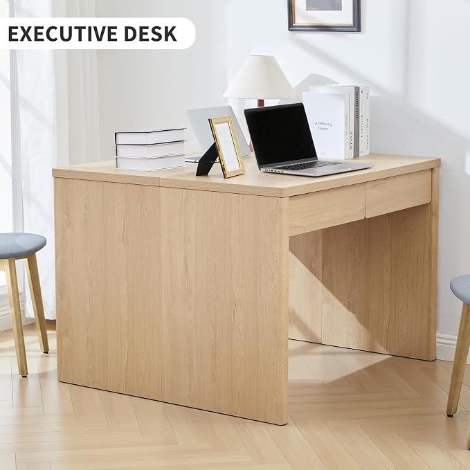 43 Inch Small Computer Desk with 2 Drawers, Mid Century Modern Writing Study Table for Home Office, Vintage PC Work Desk with Storage for Bedroom Small Spaces, Easy Assembly, MDF - Natural